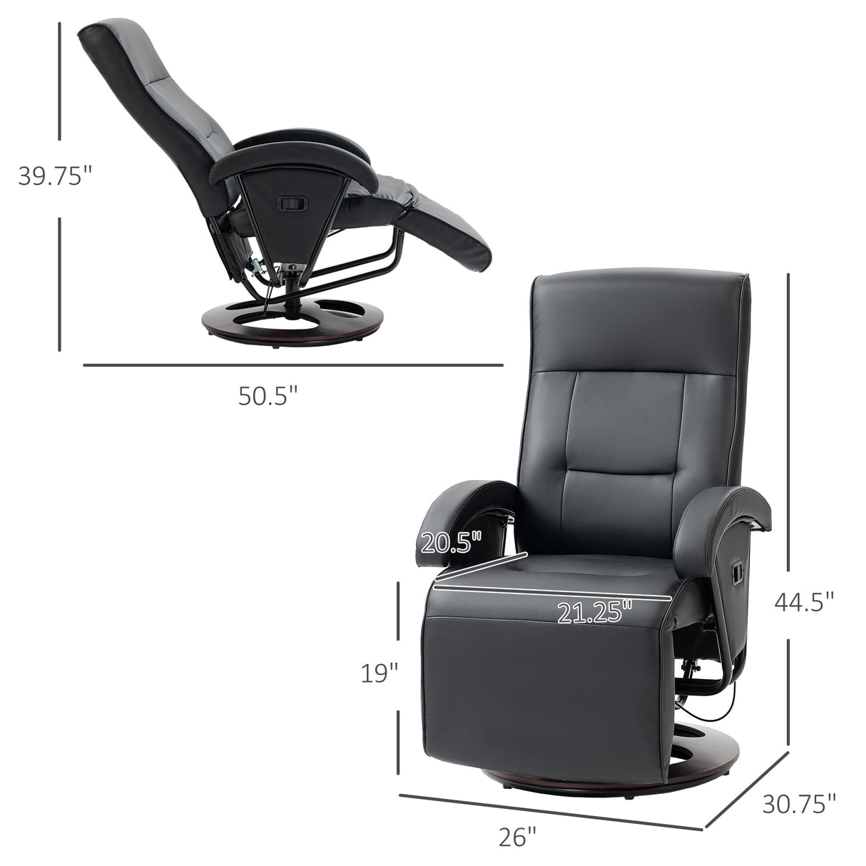 HOMCOM PU Recliner with Footrest, Lounge Chair with 135° Adjustable Backrest, Swivel Wood Base, Padded Seat & Armrests for Living Room, Black HOMCOM