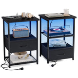 Fixwal Night Stand Set of 2 with Charging Station, LED Nightstand with Fabric Drawers, End Table with PU Finish, Bed Side Table, Black Fixwal