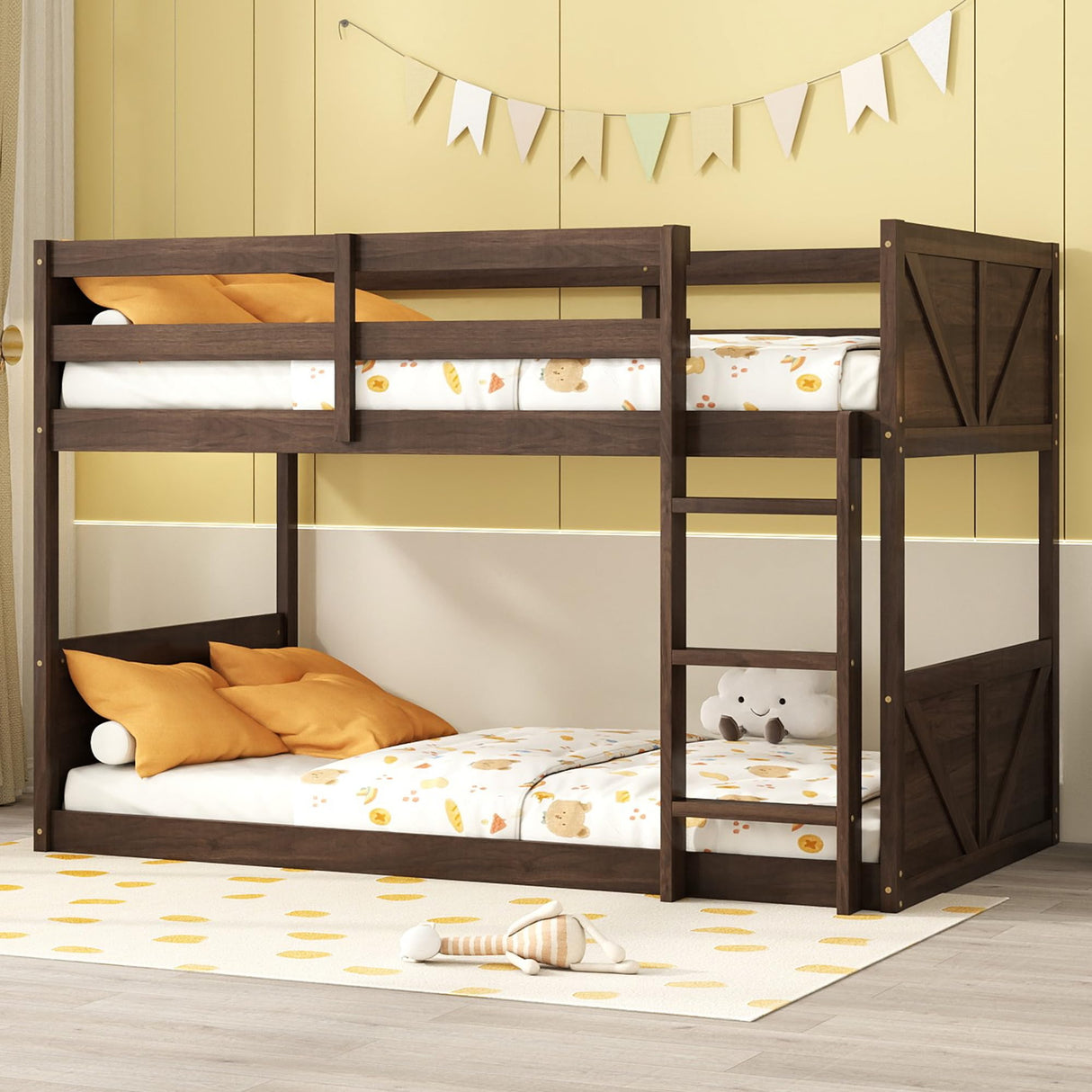 jurmiture Bunk Bed Twin Over Twin Low Bunk Bed, Floor Bunkbeds with Panelled Headboard and Footboard, Solid Rubber Wood Foundation with Safety Guardrails, Built-in Ladder, Antique Oak jurmiture