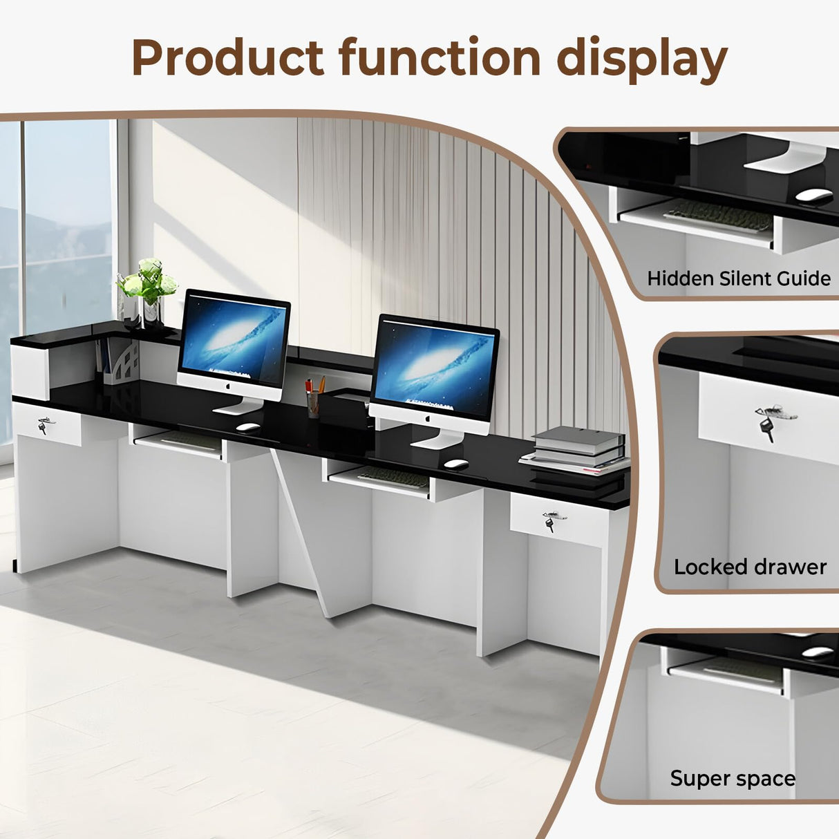 Huariifowm Modern Reception Desk Counter with with Counter & Lockable Srotage Drawers Office Wooden Front Desk with Keyboard Holder for Office (Pure White+Black/Left, 87" L*24" W*39" H) Huariifowm