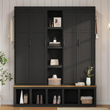 THINK 30 62.9" W Farmhouse 4-in-1 Hall Tree with 6 Hanging Hooks, Mudroom Wood Grain Bench with Open Compartments, Entryway Shoe Cabinet with Seating Bench for Living Room, Hallway, Black (Black) THINK 30