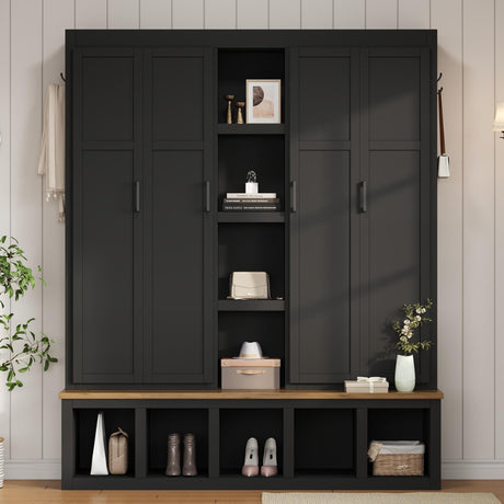 THINK 30 62.9" W Farmhouse 4-in-1 Hall Tree with 6 Hanging Hooks, Mudroom Wood Grain Bench with Open Compartments, Entryway Shoe Cabinet with Seating Bench for Living Room, Hallway, Black (Black) THINK 30