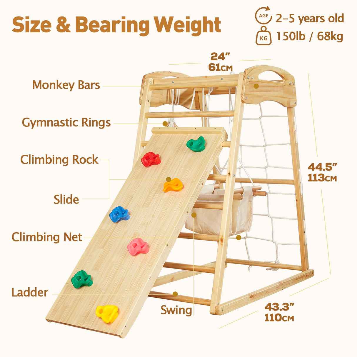 FUNLIO 7-in-1 Wood Indoor Playground for Toddlers 2-5, Montessori Climbing Toys with Solid Pine Wood, Indoor Jungle Gym for Kids with Swing/Slide/Climbing Rock/Net/Ladder/Monkey Bars/Gymnastic Rings FUNLIO