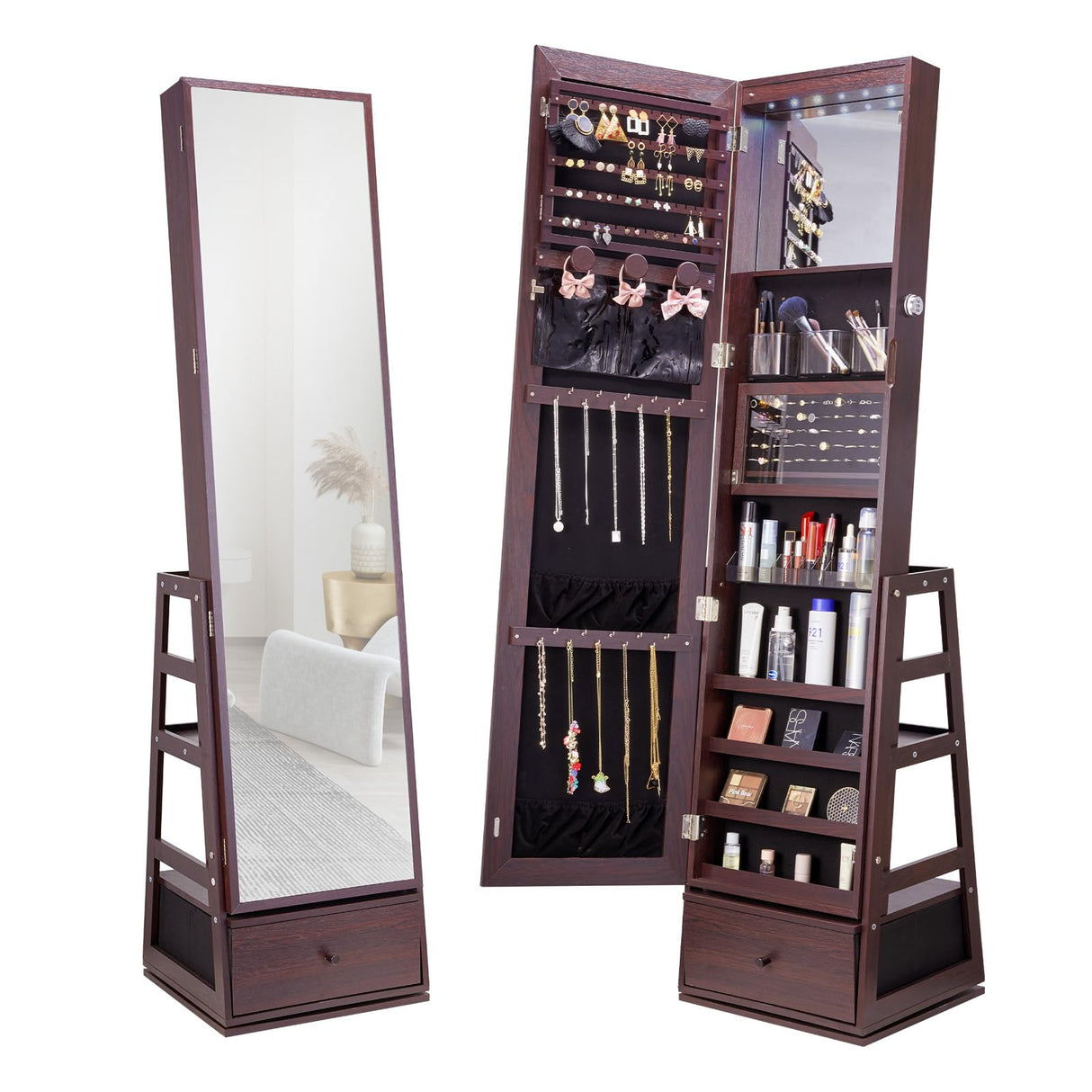VEVOR 360° Swivel Jewelry Cabinet Armoire, 63-Inch Tall Lockable Jewelry Organizer with Full-Length Mirror, LED Light, Velvet Lining, Drawer, Freestanding, Brown VEVOR