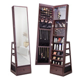 VEVOR 360° Swivel Jewelry Cabinet Armoire, 63-Inch Tall Lockable Jewelry Organizer with Full-Length Mirror, LED Light, Velvet Lining, Drawer, Freestanding, Brown VEVOR