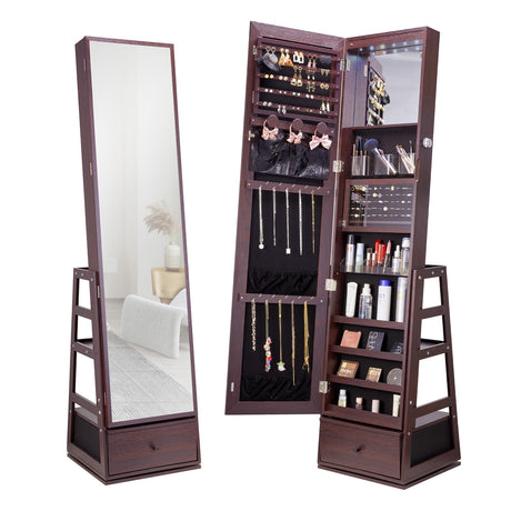 VEVOR 360° Swivel Jewelry Cabinet Armoire, 63-Inch Tall Lockable Jewelry Organizer with Full-Length Mirror, LED Light, Velvet Lining, Drawer, Freestanding, Brown VEVOR