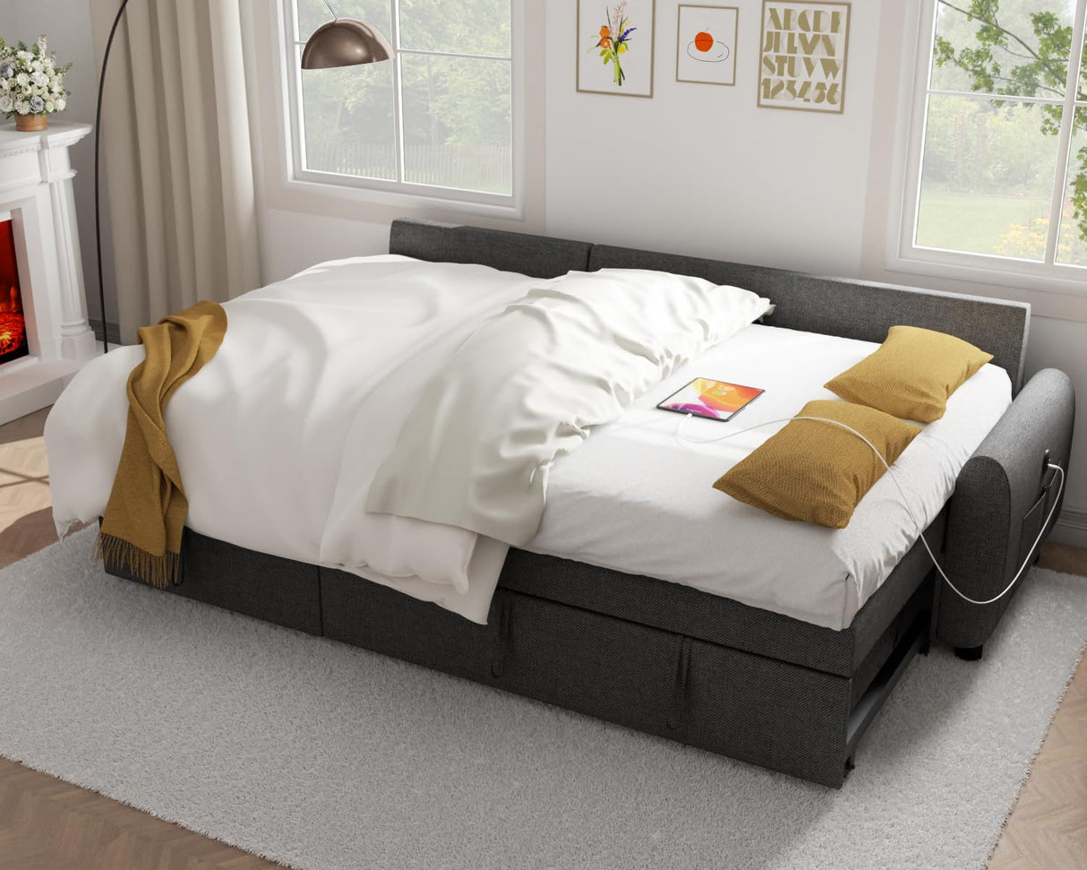 Ucloveria Sectional Sofa Couch, 87" Sleeper Sofa Bed with Reversible Storage Chaise Pull Out Couch for Living Room | Side Pocket | Charging Station | Removable Backrest | Linen Fabric, Dark Grey Ucloveria