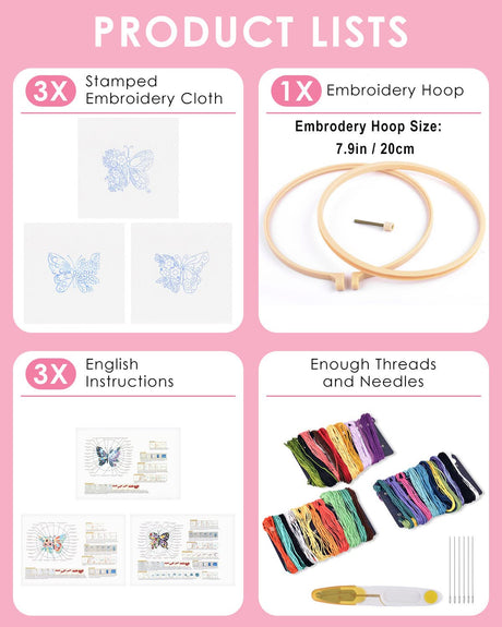 TINDTOP 3 Sets Embroidery Stitch Practice kit, Butterfly Flower Embroidery Kit for Beginners Include Cloth Hoops Threads for Craft Lover Hand Stitch with Embroidery Skill Techniques TINDTOP