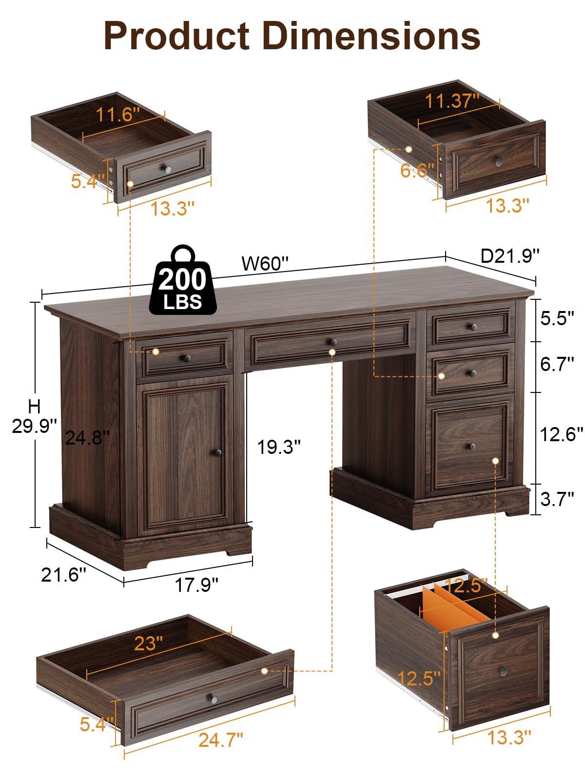 Vipbear 60" Farmhouse Executive Office Desk with Drawers and File Cabinet, Embossed Texture Wood Home Office Desk, Rustic Computer Desk, Workspace for Work Study Writing, Dark Brown Vipbear
