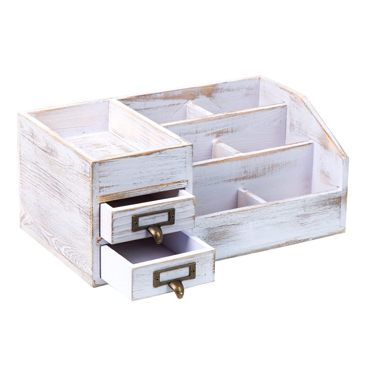 Distressed Rustic Wooden Office Desktop Organizer Shelf Tabletop Home Organizer Storage with Multiple Compartments 2 Tier Drawers perfect Jewelry storage Display Box for Desk Vanity (Washed white) VERGOODR