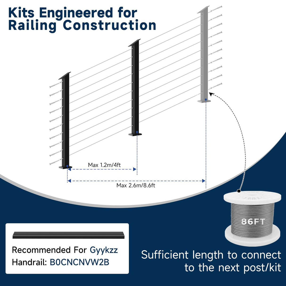 Gyykzz 2 Pack One-Stop Stair Cable Railing Post Kit, 36" Slant Fixed Top Stair Post with 5-Degree Spacers, Stair Railing System Including 2 Stair Post, 125ft Cable, 10 Sets Terminal, 60 Cable Grommets Gyykzz