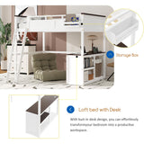 Linique Queen Size Loft Bed with Built-in Desk, Storage Box, Open Shelves and USB Charging Station, Space-Saving Wooden Loft Bed Frame for Teens, Adults & Small Bedrooms (White) Linique