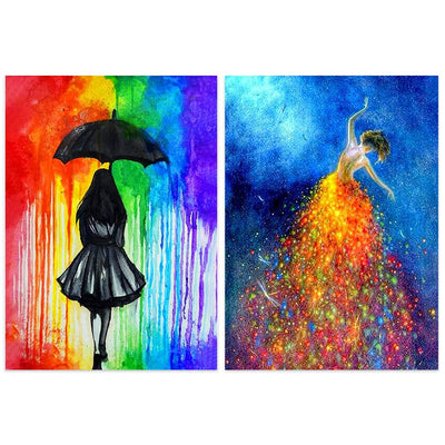 2-Piece DIY 5D Diamond Art Set for Adults or Children, Full Diamond Painting Set with the Theme of Girls Dancing with Stars and Girls in the Rain, Perfect Art Crafts for Home Wall Decoration 12"x16"