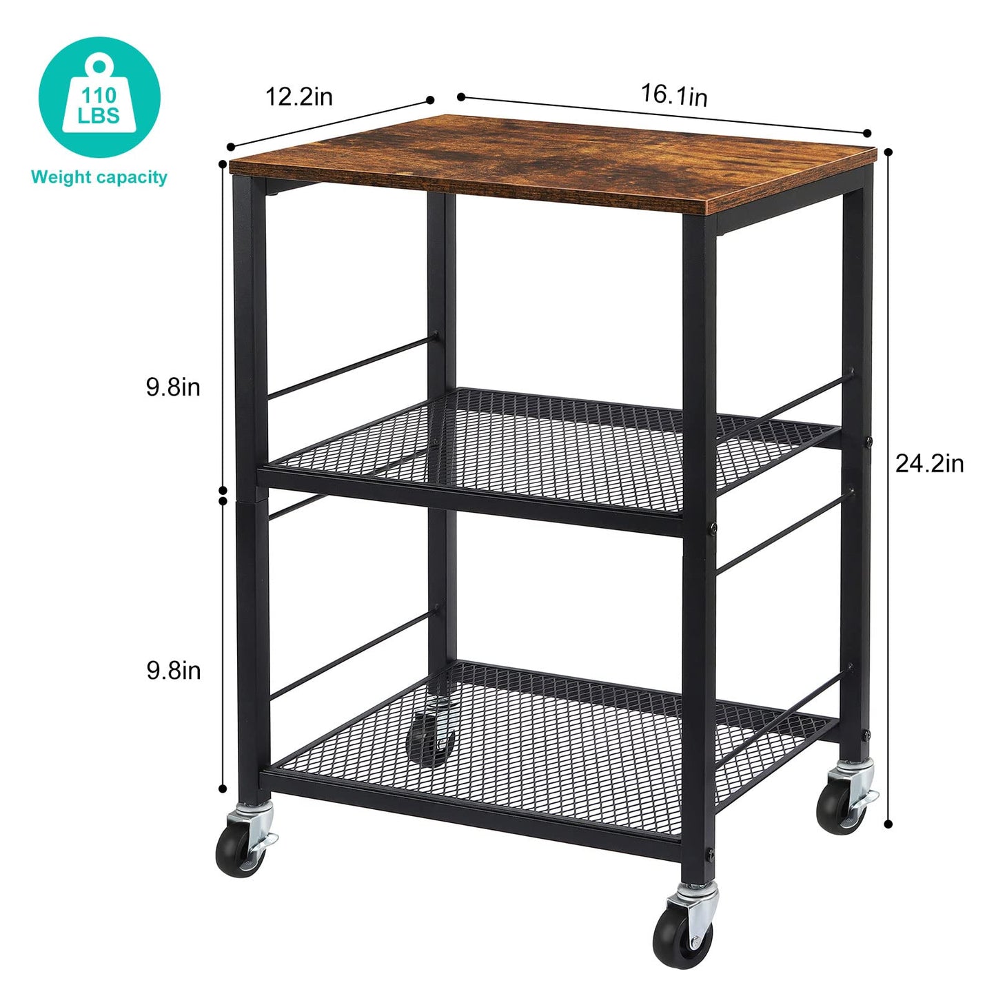 YBING Printer Stand Industrial Printer Cart with Wheels Printer Table with Storage 3-Tier Printer Rolling Holder with Shelves Wood Mobile Printer Stand Rack for Home Office Rustic Brown - WoodArtSupply