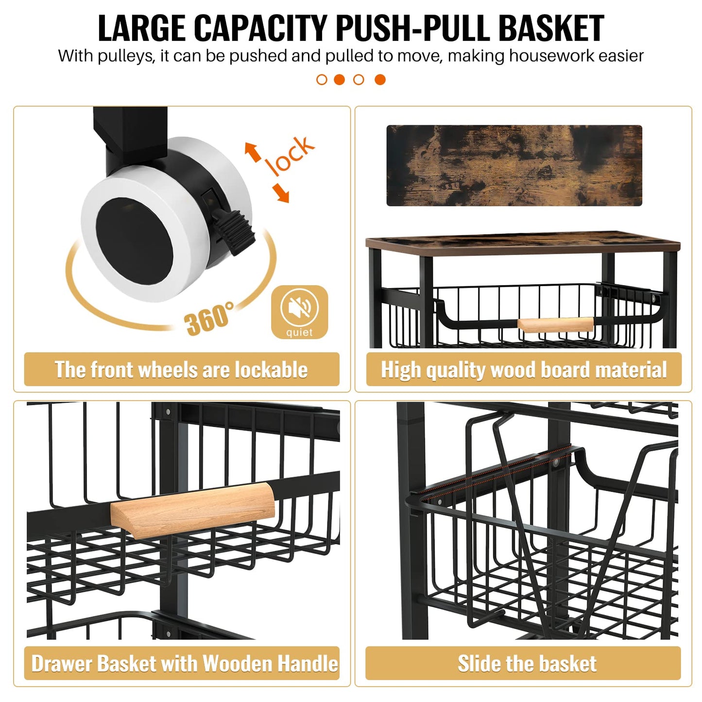 5-Tier Rolling Storage Cart with Wheels, Large Capacity Kitchen Cart, Mobile Utility Cart with Wooden Tabletop and Mesh Baskets, Bathroom, Laundry Room