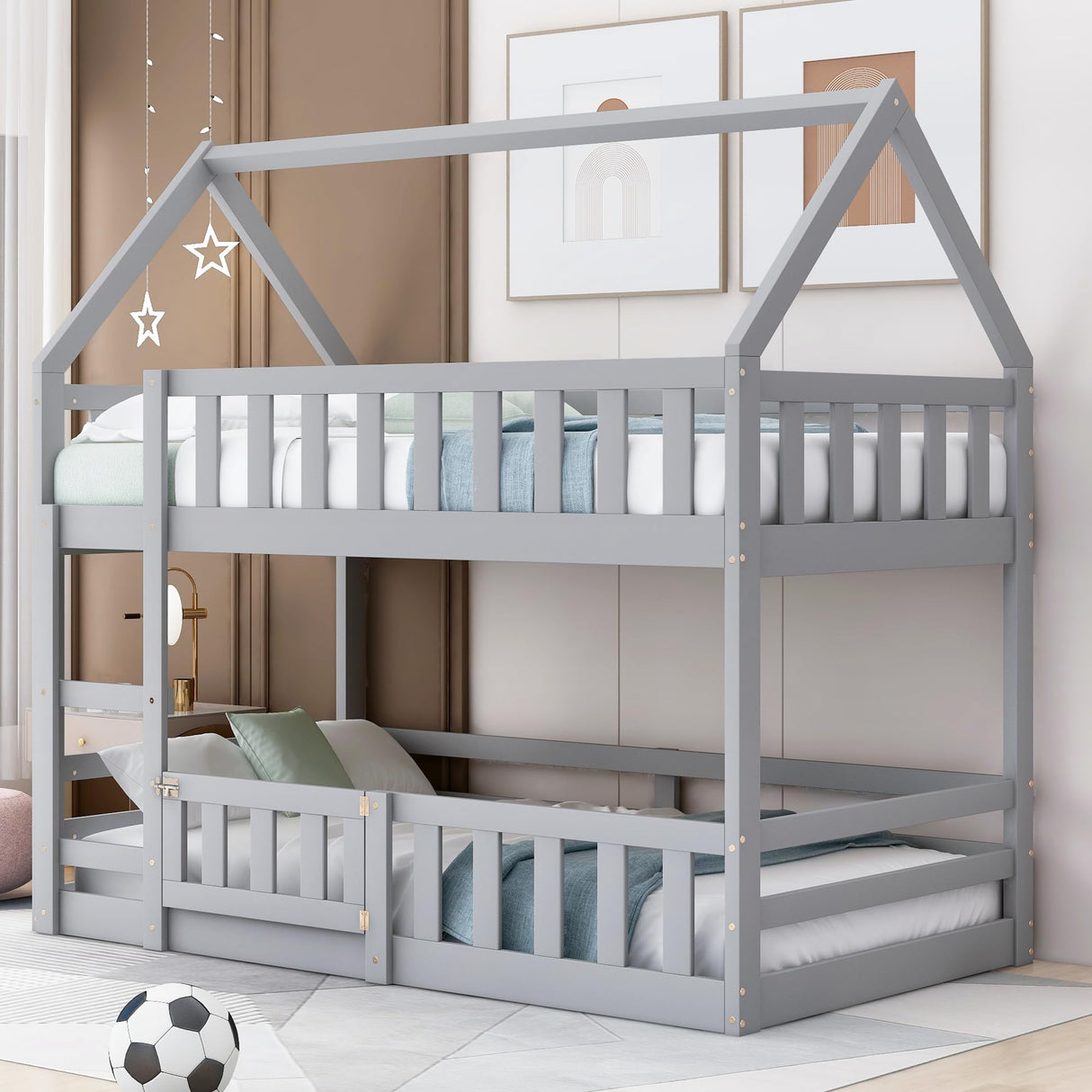 LZ LEISURE ZONE Grey Twin Over Twin Bunk Bed with House Design, Safety Fence, and Playful Door LZ LEISURE ZONE