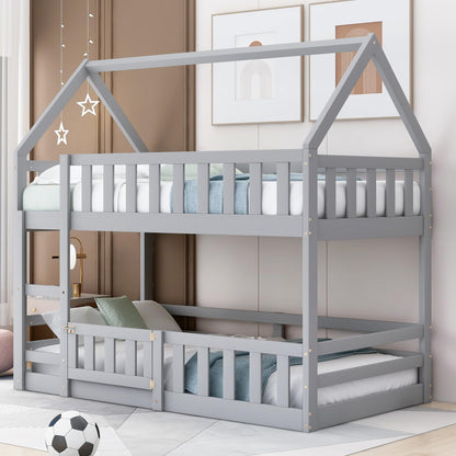 LZ LEISURE ZONE Grey Twin Over Twin Bunk Bed with House Design, Safety Fence, and Playful Door - WoodArtSupply