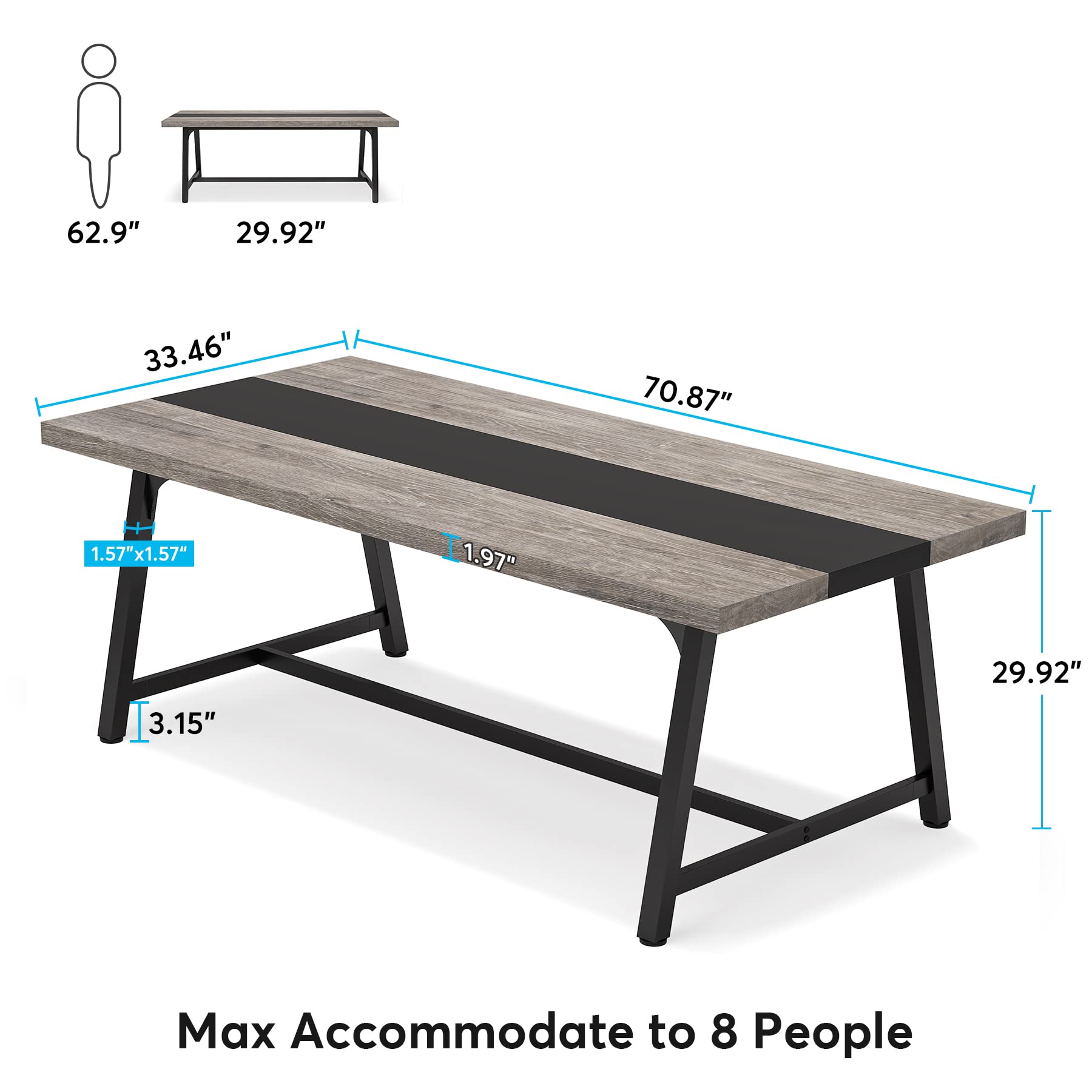 Tribesigns Dining Table for 8 People, 70.87-inch Rectangular Wood Kitchen Table with Strong Metal Frame, Industrial Large Long Dining Room Table for Big Family (Gray, No Chair) - WoodArtSupply