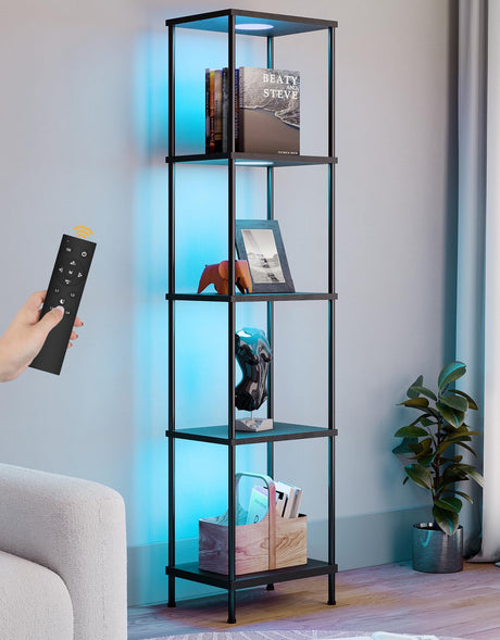 Display Shelf with RGBW Light, Color Changing Curio Cabinet Floor Lamp with Shelves Corner Standing Column Lamp Etagere Organizer Tower Nightstand Bookcase for Living Room Bedroom Office Décor Black PARTPHONER