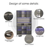 QNICE 71" Dark Rustic Oak Industrial Kitchen Hutch with Sliding Barn Door and LED Lights QNICE