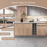 homary 72'' Kitchen Island with Storage Gray Japandi Island Table with LED Light Wood Kitchen Cabinet with Drawers & Wine Rack homary