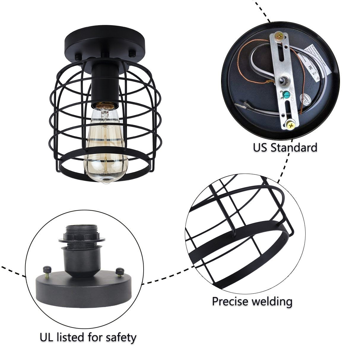 Create For Life® Industrial Vintage Flush Mount Ceiling Light,Rustic Metal Cage Pendant Lighting Lamp Fixture for Hallway Stairway Kitchen Garage, E26, Black Painting Finish Create For Life