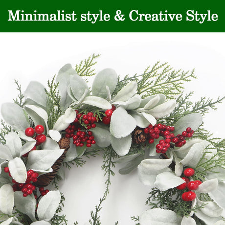 19'' Christmas Wreaths for Front Door, Aesthete Lambs Ear Wreath with Red Berries Pinecone Decor for Indoor Outdoor Christmas New Year Gift Kmise