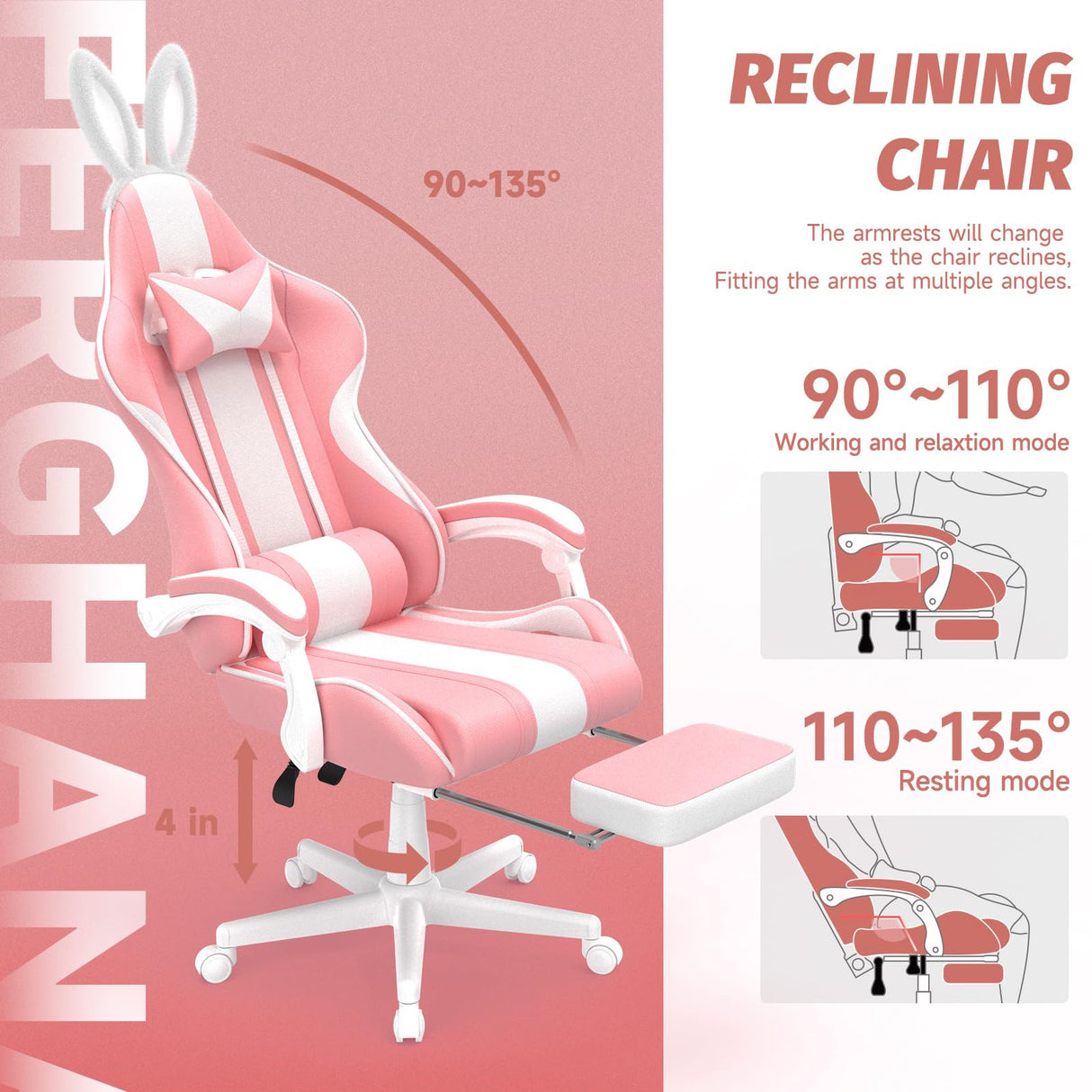 Ferghana Kawaii Pink Gaming Chair with Bunny Ears, Ergonomic Cute Gamer Chair with Footrest and Massage, Racing Reclining Home Computer Game Chair for Girls Adults Teens Kids Ferghana