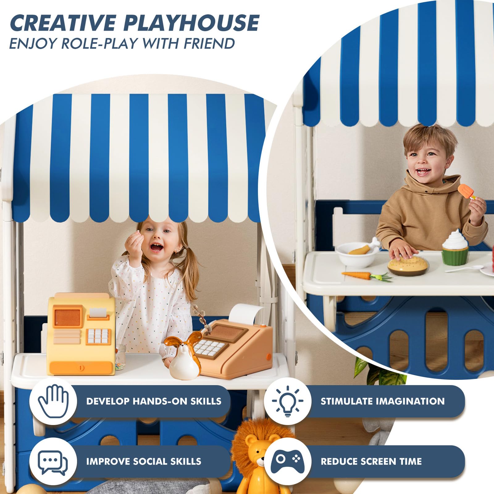 XJD Kids Playhouse, Indoor and Outdoor Playset, with Windows, Realistic Home and Garden Play House for Ages 2 Years Old and Up (Blue Playhouse) - WoodArtSupply