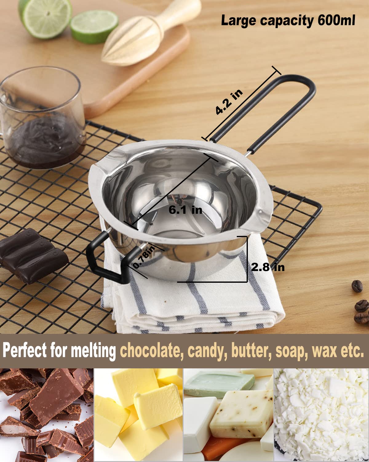 Double Boiler Pot Set, Stainless Steel Melting Pot with Silicone Spatula for Melting Chocolate, Soap, Wax, Candle Making (600ml and 1600ml) SONGZIMING