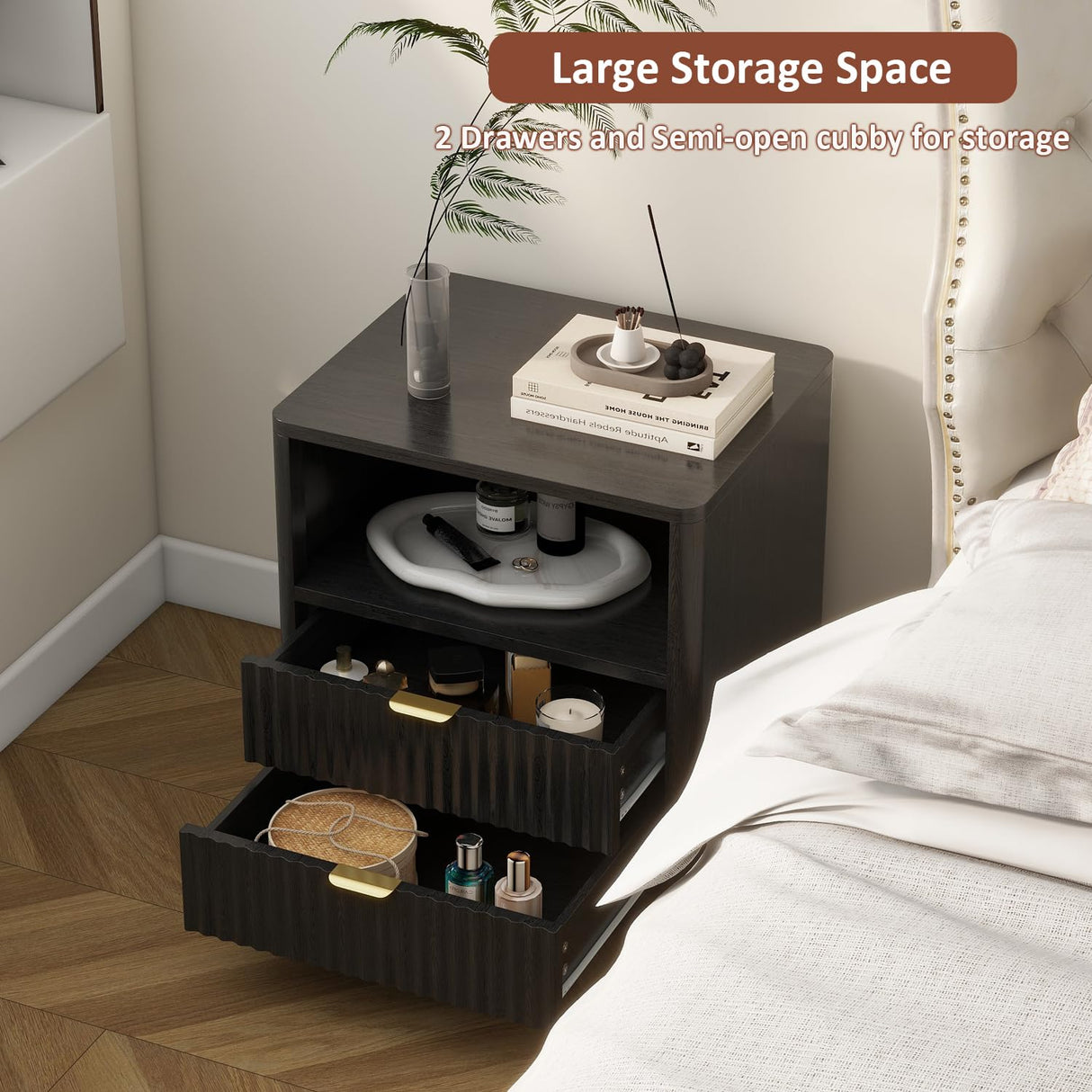 Fluted Nightstands Set of 2, Black Night Stands with 2 Drawers and Open Shelves, Wooden Bedside Table Modern Design End Table for Bedroom Sofa Office (2, Black) ROCSUMOO