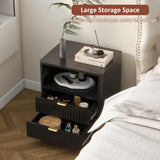 Fluted Nightstands Set of 2, Black Night Stands with 2 Drawers and Open Shelves, Wooden Bedside Table Modern Design End Table for Bedroom Sofa Office (2, Black) ROCSUMOO