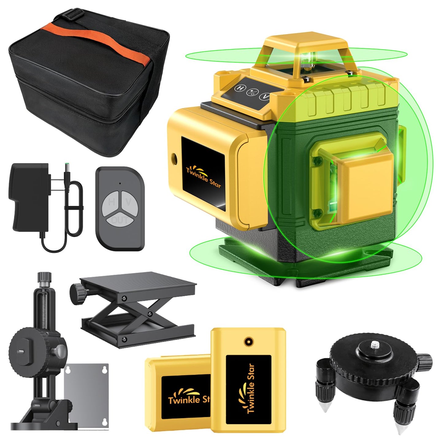 Laser Level 360 Self Leveling Twinkle Star 16 Line 4D Green Line Laser Picture Hanging Construction, 4800 mAh 2 Rechargeable battery with Remote Controller, Tool Kit, Magnetic Rotating Stand  - WoodArtSupply