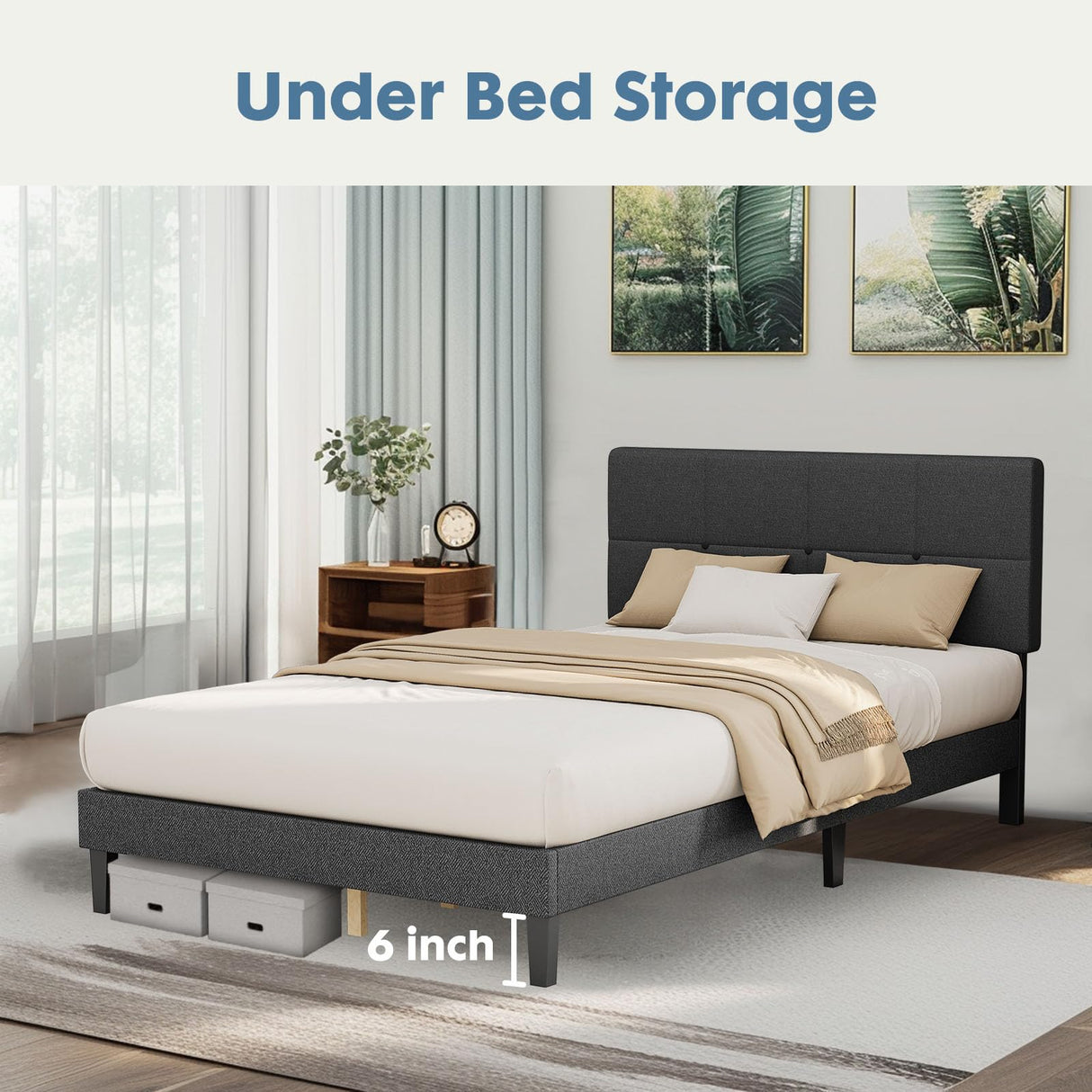 DUMOS Twin Bed Frames with Headboard, Wooden Twin Platform Bed No Box Spring Needed, Fabric Upholstered Bed Frame with Adjustable Headboard, 800LBS Support,Noise Free, Dark Grey DUMOS