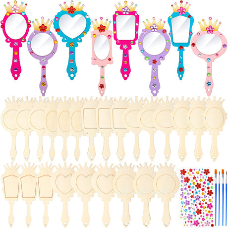 RoundFunny 24 Pack Wooden Mirror Craft for Girls DIY Decorate You Own Princess Wooden Hand Small Mirrors for Crafts Paint Princess Party Decorations Birthday Supplies Favors RoundFunny