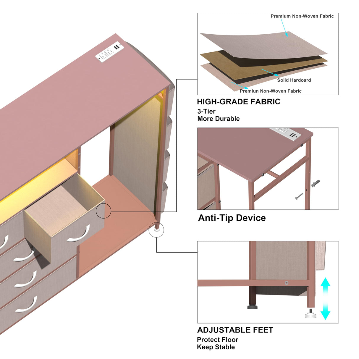 Espelism Dresser for Bedroom with Clothes Rack Side Pockets 5 Drawer Dresser with Charging Station LED Lights Black Storage Chest of Drawers for Hallway Closet Sturdy Steel Frame Wood Top (Pink) Espelism