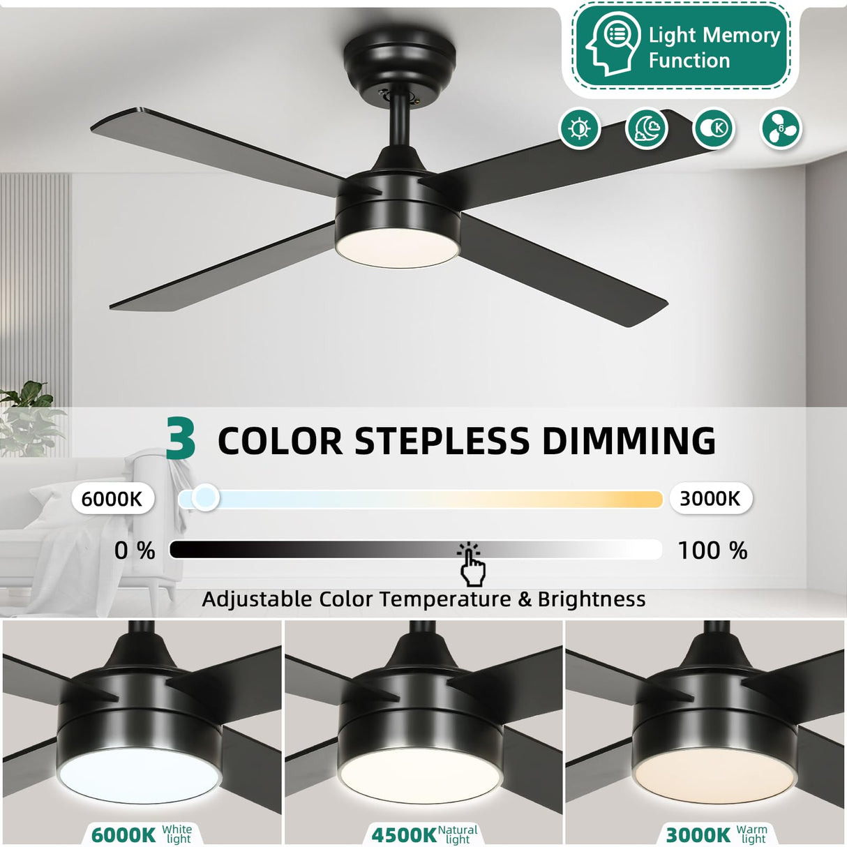 YITAHOME 48 Inch Black Ceiling Fan with Lights and Remote,4 Blades, App Control, Modern Smart Ceiling Fan Compatible with Alexa for Indoor, Reversible Quiet Motor, Memory Function YITAHOME