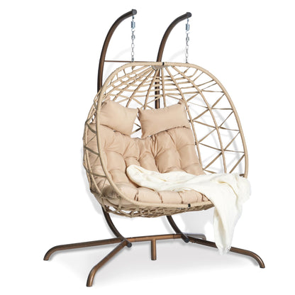 Brafab Double Rattan Swing Egg Chair with Stand, Oversized 2 Person Wicker Hanging Egg Chair for Indoor/Outdoor, Basket Hammock Chair with UV Resistant Cushion, 600 lbs Capacity, Khaki