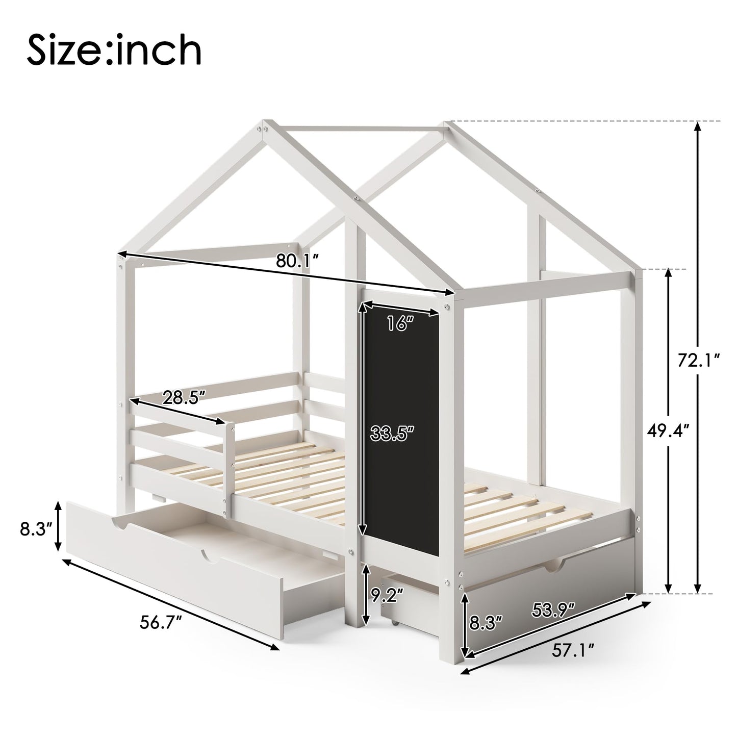 DNYN Full Size House Bed with Storage Drawers and Blackboard for Kids - Space-Saving Solid Wood Bedframe in White - WoodArtSupply