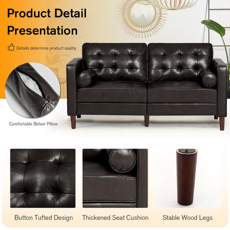 ACMEASE 67" Premium Faux Leather 2-Seater Sofa with 2 Bolster Pillows and Tufted Backrest, Mid-Century Modern Loveseat Sofa, Luxury Couch for Living Room, Bedroom, Office, Dark Brown ACMEASE