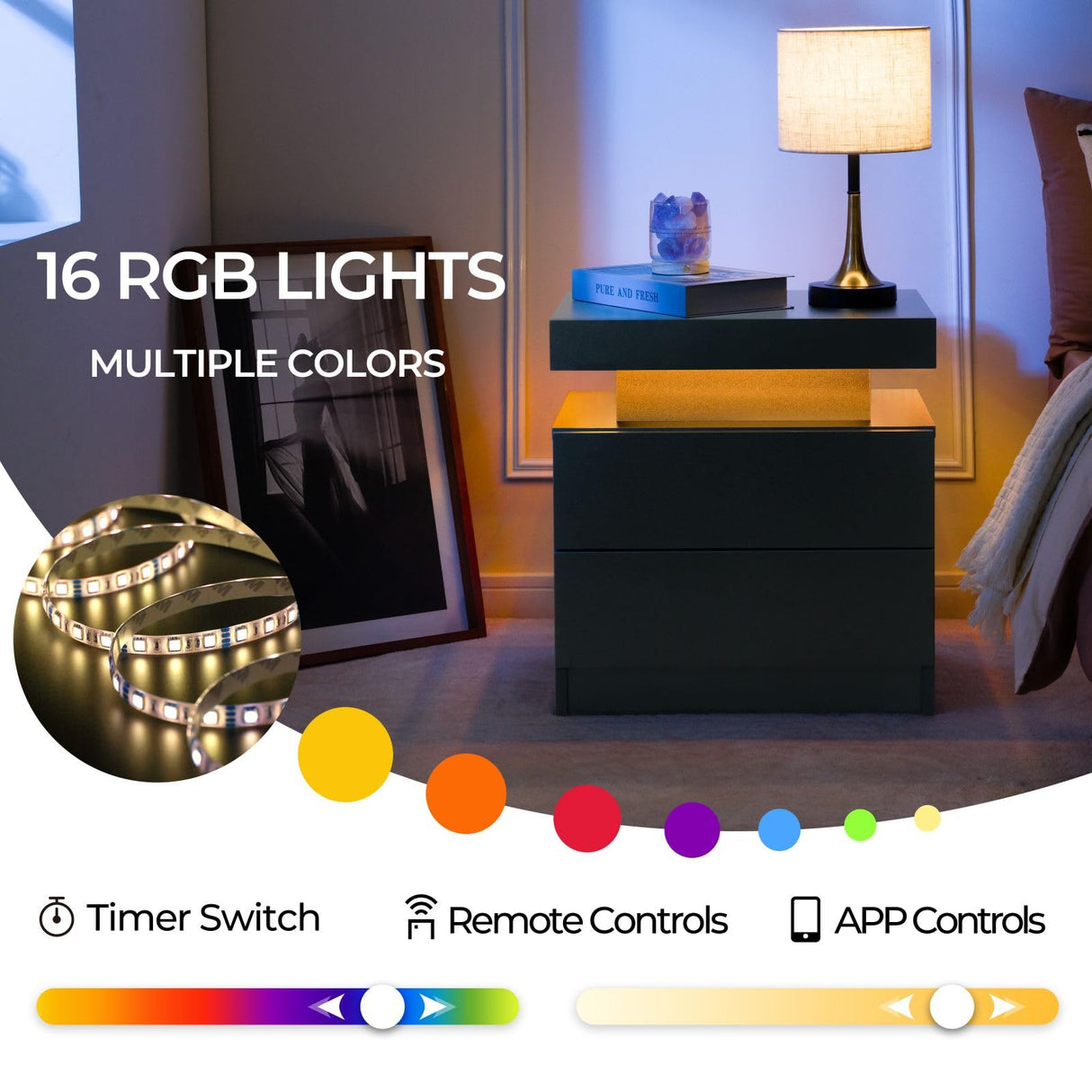 i-aplus Nightstand Set of 2 LED Nightstand with 2 Drawers, Bedside Table with Drawers for Bedroom Furniture, Side Bed Table with LED Light, Black i-aplus