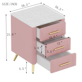 3 Drawers Nightstand with Metal Legs&Handles,Upholstered Nightstand with Faux Marble Top, Bedside Table Furniture, Velvet End Table for Bedroom, Living Room(Pink) Bellemave