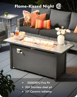 CAODOC 8-Piece Outdoor Wicker Patio Set with 9 Seats, Including 53" Fire Pit - Sectional Sofa and Conversation Set for Backyard or Lawn, Gray Rattan with Waterproof Black Cushions CAODOC