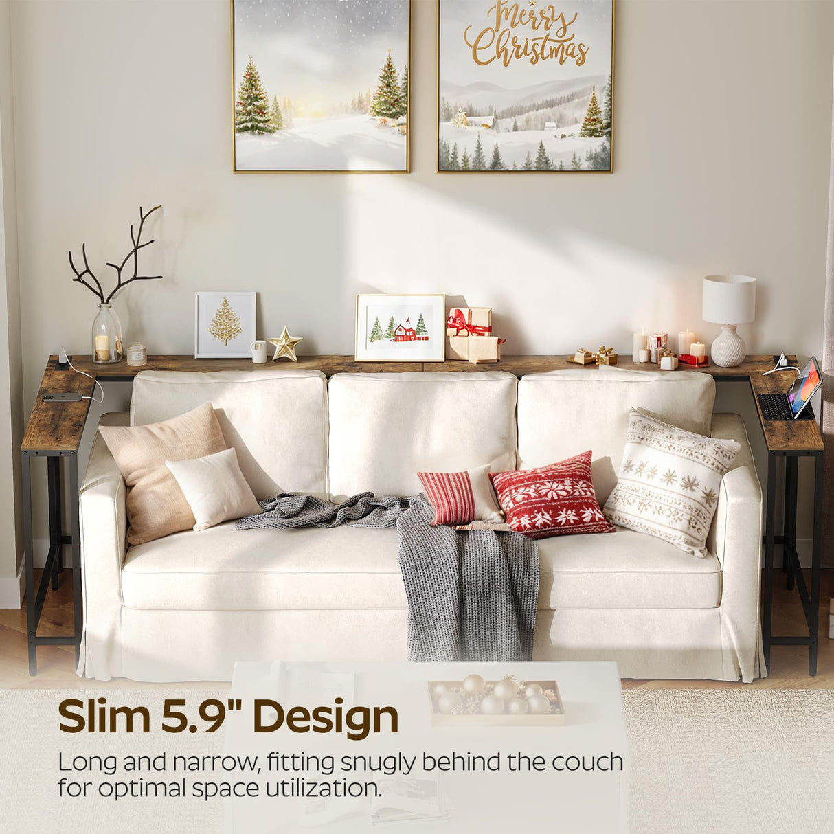 YATINEY L Shaped Console Table, 5.9" Long Narrow Sofa Table, Behind Couch Table, Entryway Table with 2 Outlets and 2 USB Ports, for Living Room, Hallway, 3 Assembly Options, Rustic Brown CT07UBR YATINEY