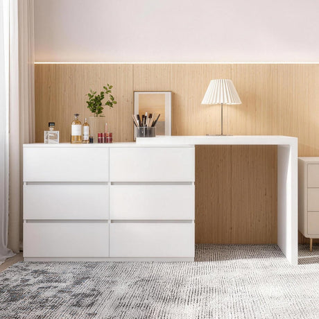 Hotpzeddaque L Shaped Vanity Desk with 6 Drawers, 80.7″ Dresser Desk Combo with Storage,Wood Makeup Dressing Table for Bedroom Corner, Women Girls, White (80.7“) Hotpzeddaque