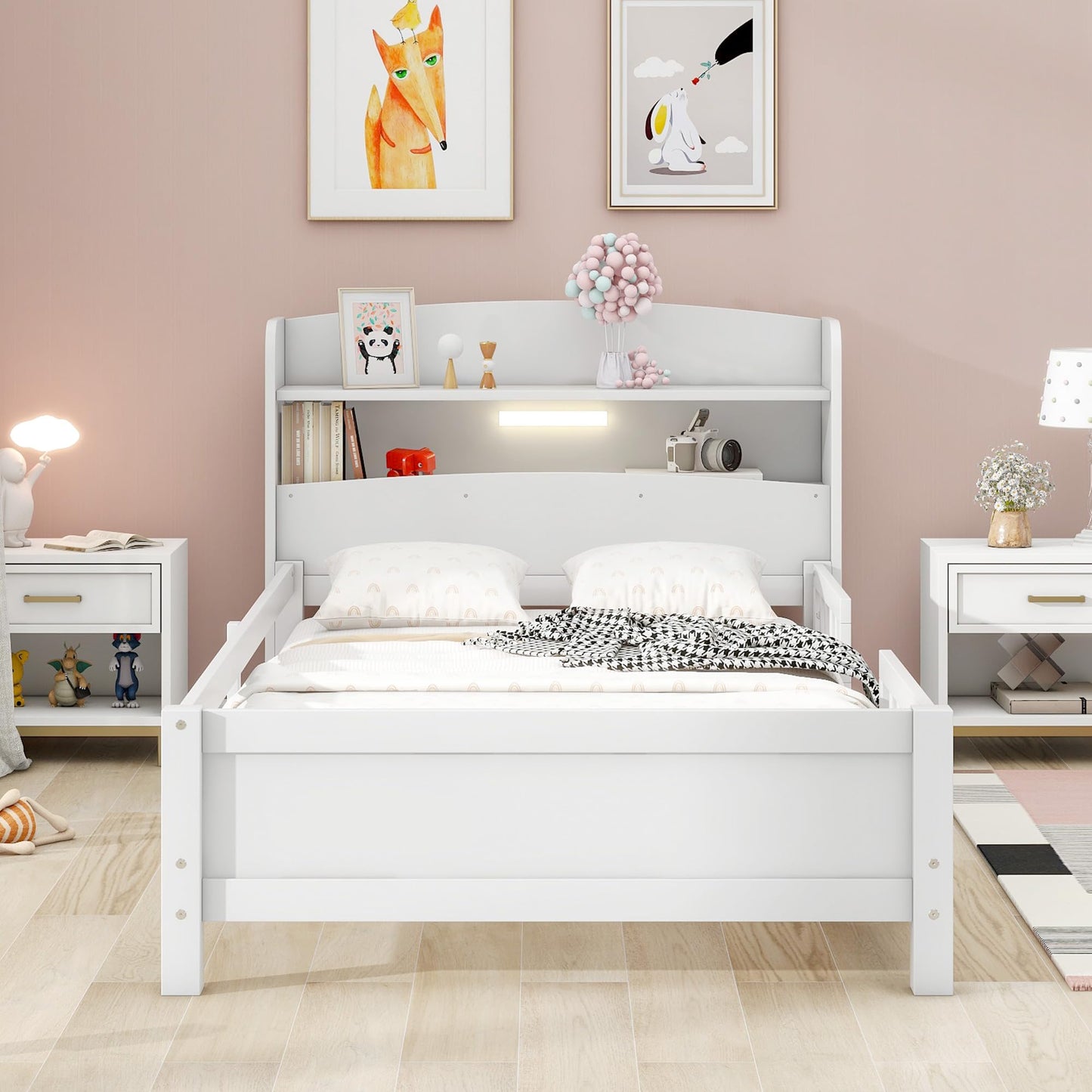 Favfurish White Twin Size Platform Bed with LED Light, Storage Headboard, and Guardrails - WoodArtSupply