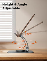 Tounee Book Stand for Reading, Adjustable Book Holder with 360° Swivel Base, Foldable Cookbook Stand Recipe Book Holder with Elastic Page Clips for Music Scores, Recipe, Tablet, Laptop-Gray tounee