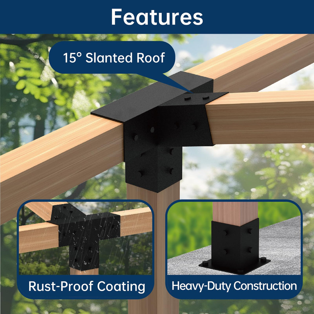 Pergola Bracket Kit 4x4, Including 1 Wall Base, 1 105 ° 4-Way and 1 Bases, 1 Set of Wall Mounted 15° Pitched Roof Mounting Kit for Extension, for Shading Facilities Attached to Walls or Eaves MEWSDEN
