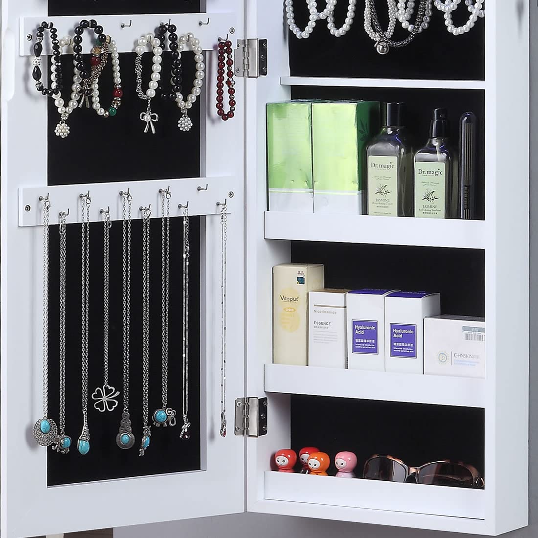 GISSAR Full Length Mirror Jewelry Cabinet, 6 LEDs Jewelry Armoire Wall Mounted Over The Door Hanging, Jewelry Organizer Display Storage Furniture with Lights Locker Mirrored Cabinet, White - WoodArtSupply