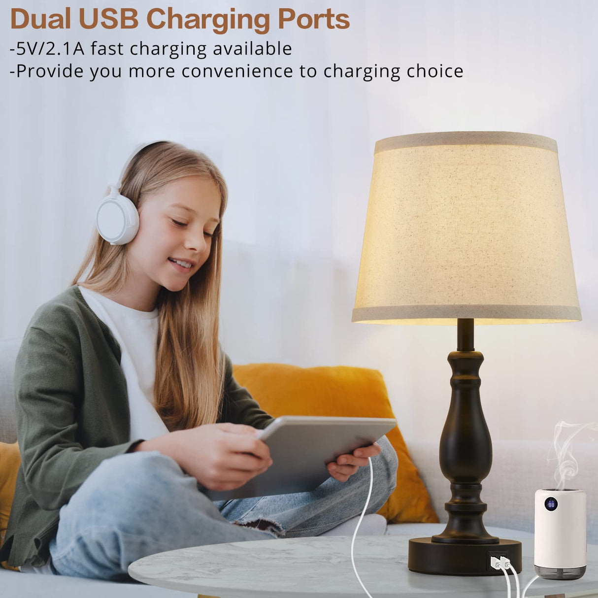 Lamps for Bedrooms Set of 2, Touch Bedside Table Lamps with USB Ports, 3 Way Dimmable Nightstand Lamps with Round Fabric Linen Lampshade for Living Room Reading Bed Side End Table, Bulbs Included EJIAXIN